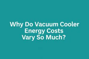 “Infographic explaining why vacuum cooler energy costs vary. Key factors include pump type, piping design, refrigeration system balance, and insulation quality. Modern horizontal layout with clean icons and arrows pointing to an energy cost meter.”