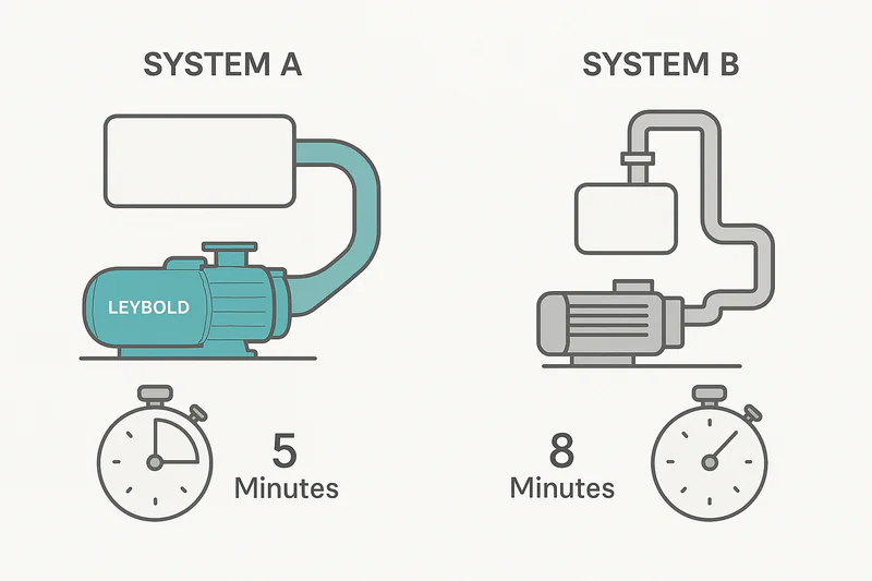 An infographic showing two vacuum systems. System A has a Leybold pump and wide, smooth pipes, with a timer showing