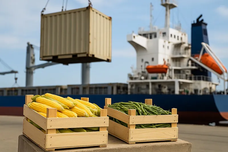 An image of crates of vibrant yellow sweet corn and green beans being loaded onto a cargo ship, symbolizing access to global markets.