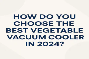 High-quality stainless steel vegetable vacuum cooler in a bright warehouse, with pallets of fresh lettuce and broccoli in the foreground, showcasing modern post-harvest cooling technology for 2024
