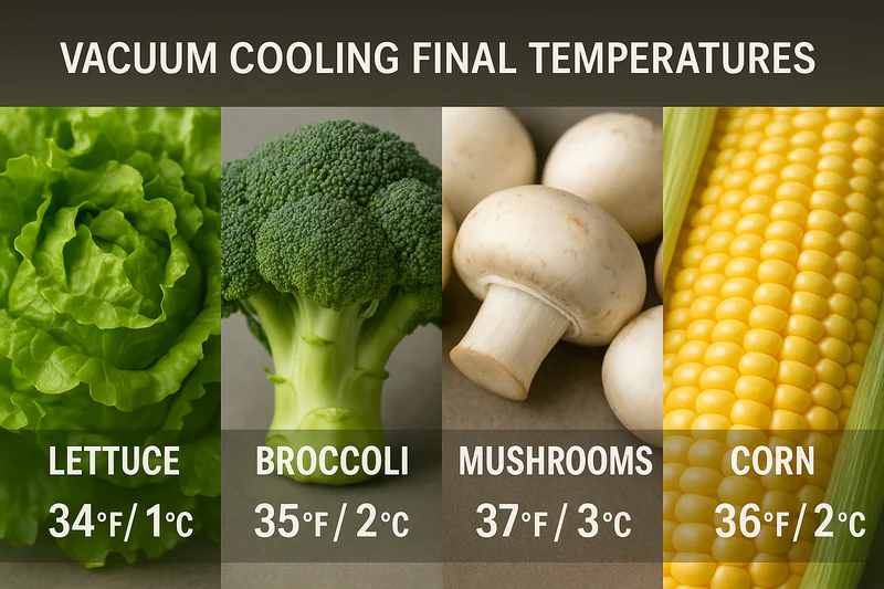 A collage of different vegetables (lettuce, broccoli, mushrooms, corn) with their ideal final cooling temperatures displayed prominently.
