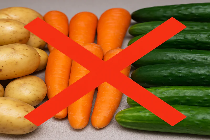 An image showing a red X over a pile of potatoes, carrots, and cucumbers, clearly indicating they are not suitable for vacuum cooling.