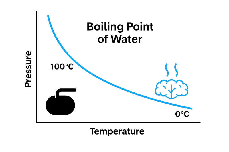 A chart with two axes: Pressure (Y-axis) and Temperature (X-axis). A curved line shows the boiling point of water. At the top left (high pressure), the point is at 100°C. At the bottom right (low pressure), the point is near 0°C.