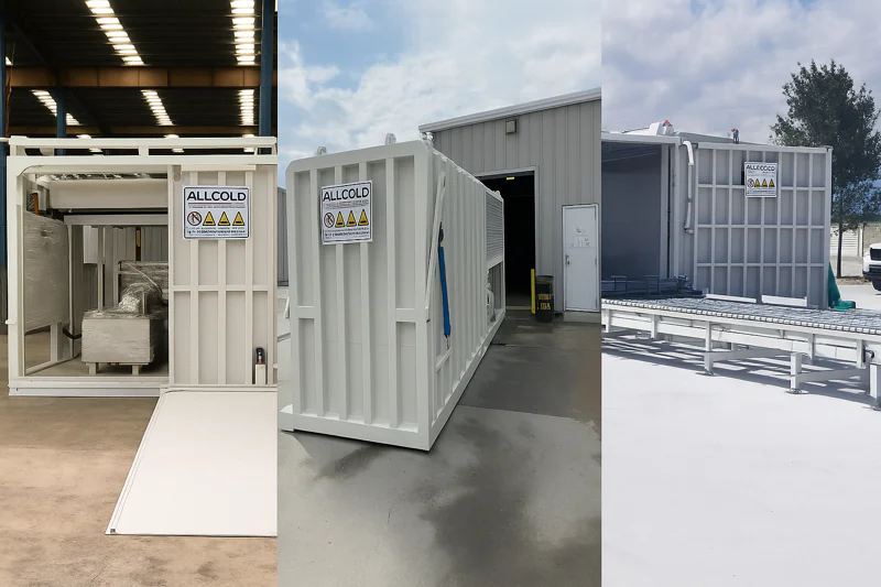 A collage of three different-sized allcold vacuum coolers, from a small single-trolley unit to a large multi-trolley system.