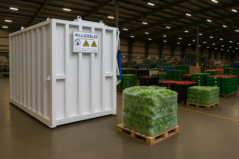 A wide shot of a large allcold vacuum cooler on a busy packing house floor, with pallets of freshly harvested vegetables waiting to be loaded.