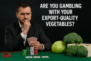 A conceptual image illustrating the risk of poor export quality management, showing a poker table with dice and fresh green broccoli together, symbolizing the gamble exporters take when shipping vegetables without proper vacuum cooling or cold chain control.