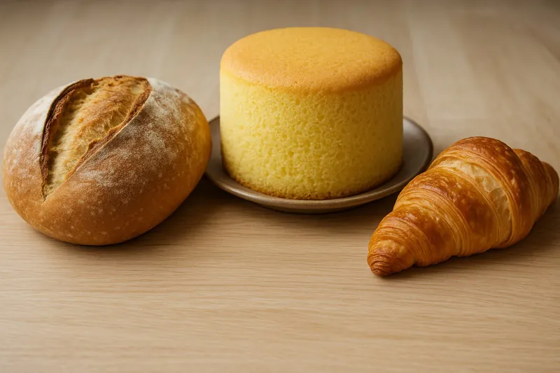 A beautiful display of various baked goods that have been vacuum cooled: a crusty loaf, a fluffy cake, and a flaky croissant.
