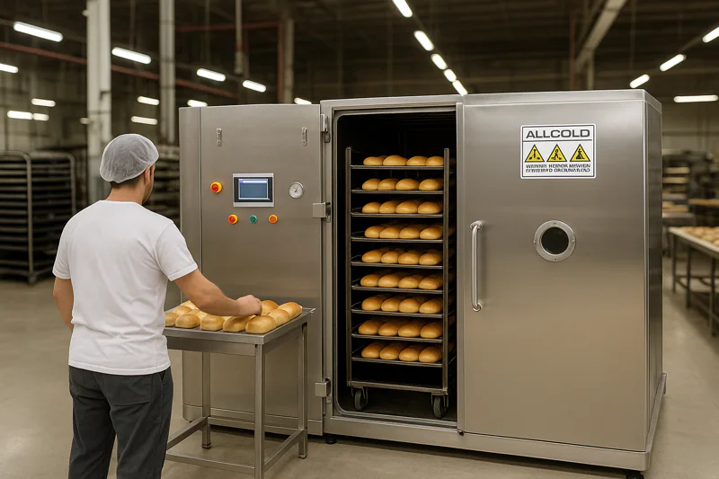 A massive, 4-trolley, fully stainless steel allcold vacuum cooler integrated into a fully automated bakery production line.