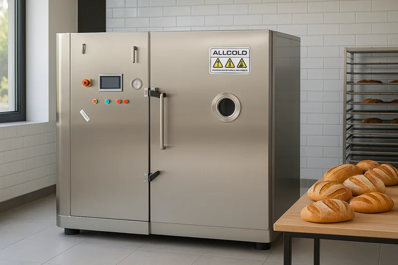 A compact, single-trolley allcold vacuum cooler being used in a clean, modern craft bakery.