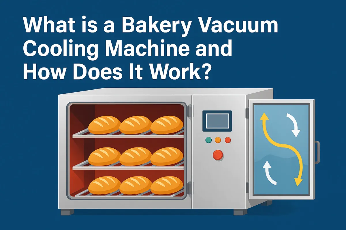Educational banner showing a bakery vacuum cooling machine illustration with bread trays and airflow diagram, used to explain what a bakery vacuum cooler is and how it works