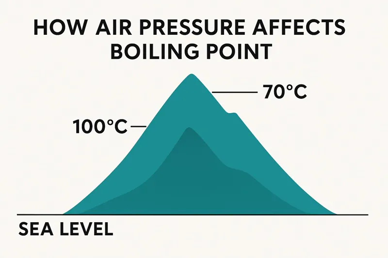 A simple diagram showing a mountain, with the boiling point of water being 100°C at sea level and a lower temperature at the peak.