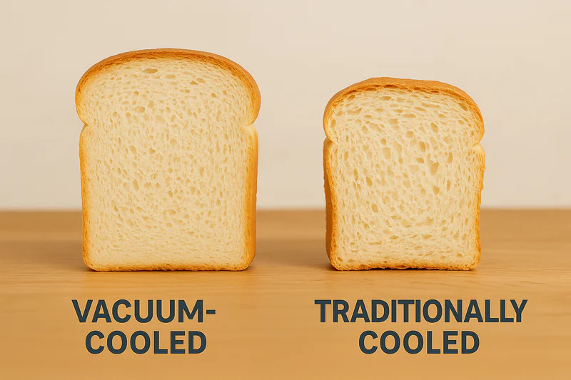 A close-up, side-by-side comparison photo. The vacuum-cooled slice of bread is perfectly uniform and upright. The traditionally cooled slice is slightly compressed and crumbly.