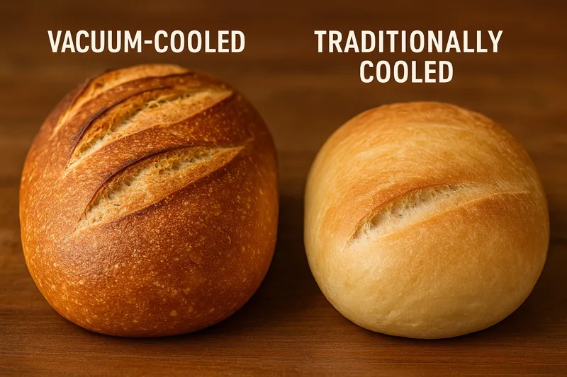 A close-up photo showing two loaves of bread side-by-side. The vacuum-cooled loaf has a perfect, crisp crust, while the traditionally cooled loaf looks slightly deflated and soft.