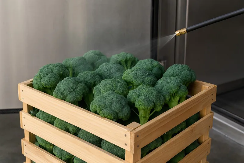 A shot of a pallet of freshly harvested broccoli crowns being lightly misted with water before being loaded into the vacuum cooler.