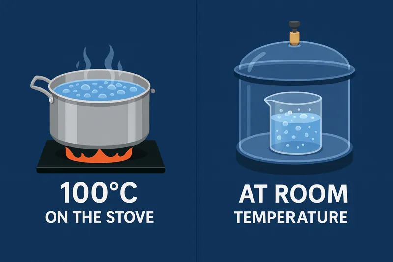 A side-by-side animated GIF could show a pot boiling on a stove at 100°C, and then a beaker of water boiling at room temperature inside a lab vacuum chamber.