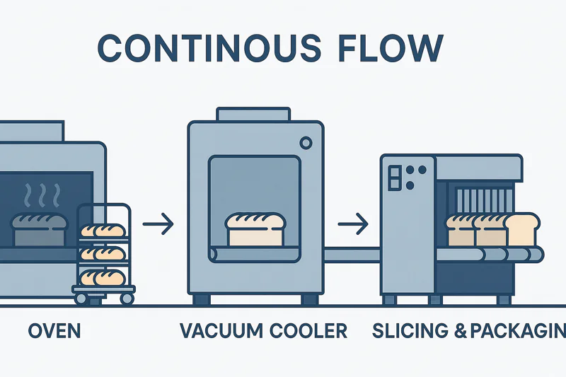 A visual representation of 'Continuous Flow' production, showing a trolley moving smoothly from an oven, into a vacuum cooler, and then to a slicing and packaging machine.