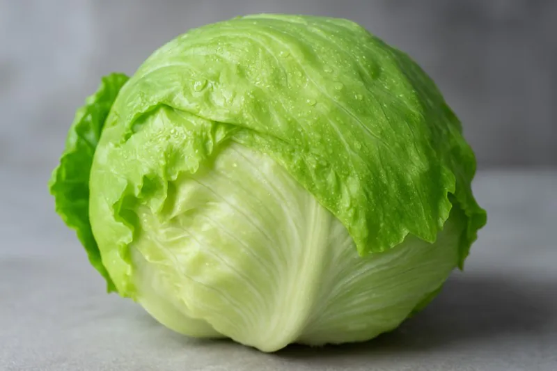 A stunning close-up of a perfectly cooled head of iceberg lettuce, with crisp, green outer leaves and beads of cool condensation.