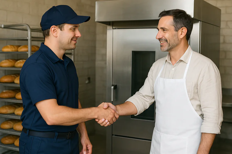 A local dealer's technician in uniform, shaking hands with a bakery owner in front of a newly installed machine.