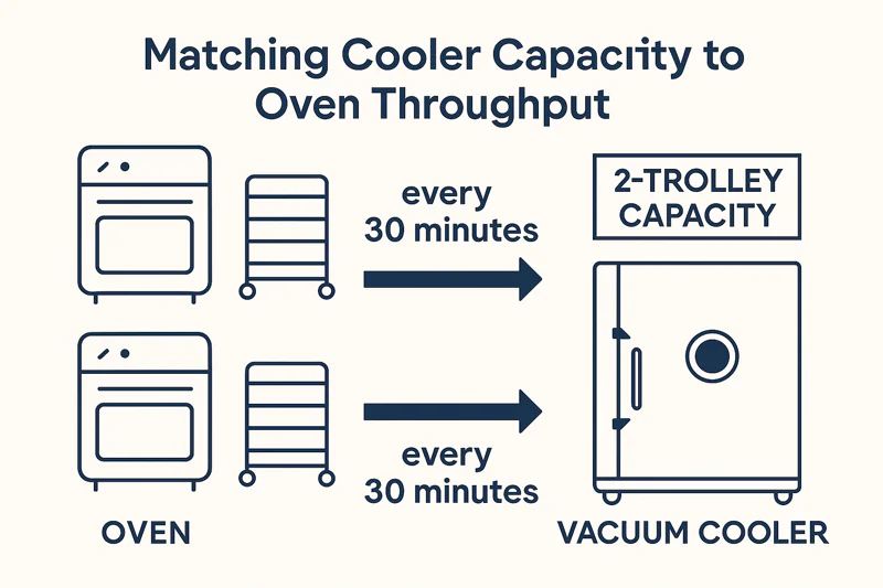 A simple diagram showing two ovens feeding one trolley each every 30 minutes to a single 2-trolley capacity vacuum cooler, illustrating a balanced workflow.