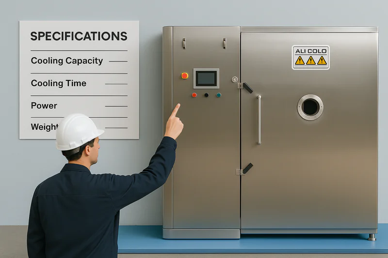 An image of an engineer (representing you, Mila) pointing to a clear and simple specification chart next to a shiny new vacuum cooler.