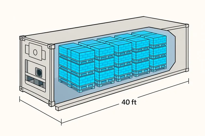 A cutaway graphic of a 40-foot container filled with 20 pallets. Every pallet is glowing with a uniform, cool blue color, indicating consistent temperature throughout.