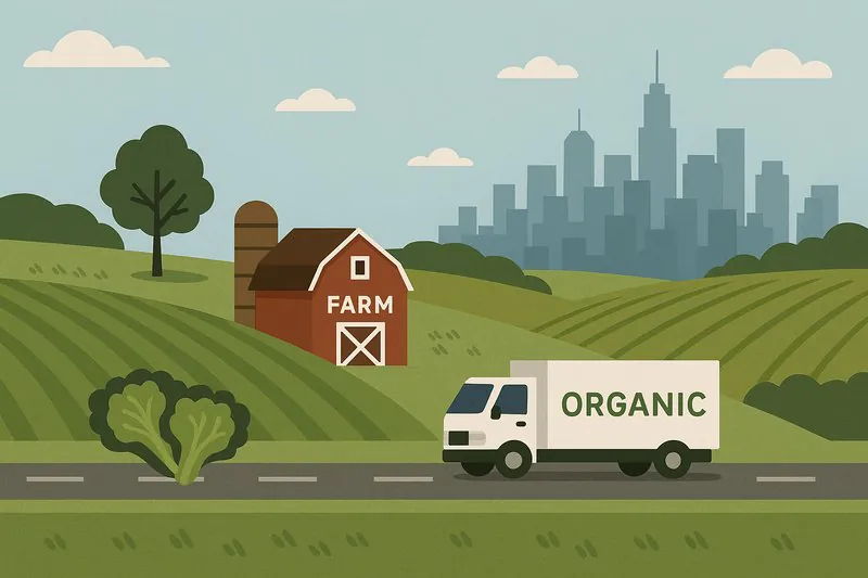 A map showing a farm in a rural area with a delivery truck traveling along a highway to a major city skyline in the distance.