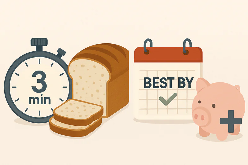 A collage of images showcasing the benefits: a stopwatch showing '3 minutes', a perfectly sliced loaf of bread with a crispy crust, a calendar showing an extended best-by date, and a piggy bank with a plus sign.