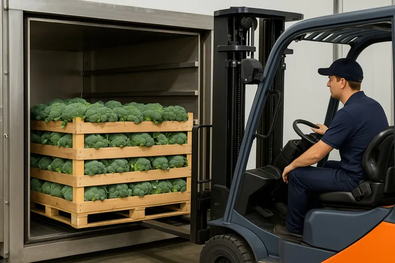 An operator on a forklift carefully placing a pallet of broccoli into a vacuum cooler, aligning it perfectly with the internal guide rails.