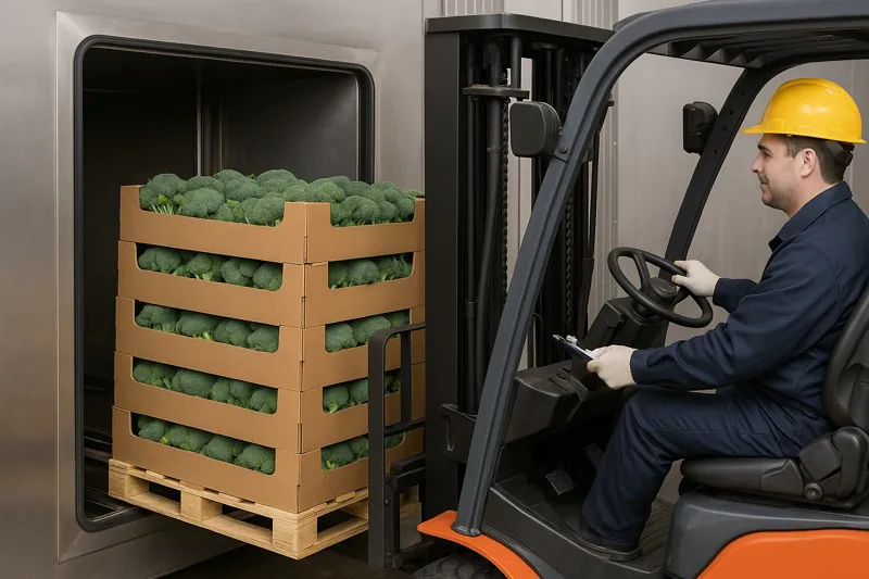 An operator on a forklift carefully placing a pallet of broccoli into a vacuum cooler, aligning it perfectly with the internal guide rails.