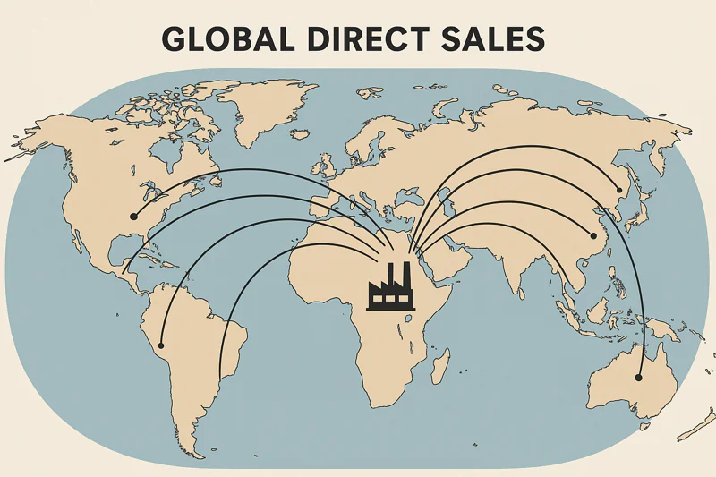 A world map with lines connecting a factory in China to various countries, representing global direct sales.
