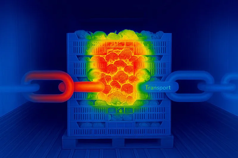 A thermal image of a pallet of broccoli inside a refrigerated truck. The outside of the pallet is blue (cold), but the center is glowing bright red and yellow (hot).