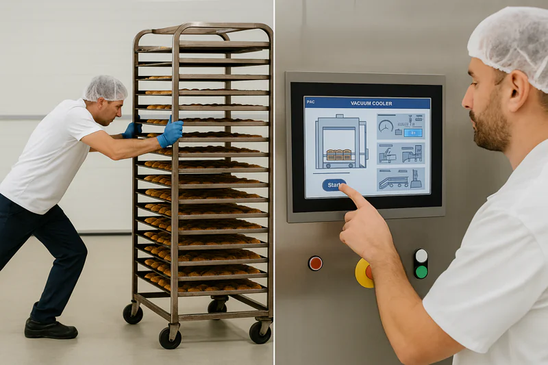 A photo collage showing a worker struggling to push a heavy rack on one side, and on the other side, a worker calmly pressing a button on a modern PLC touch screen of a vacuum cooler.