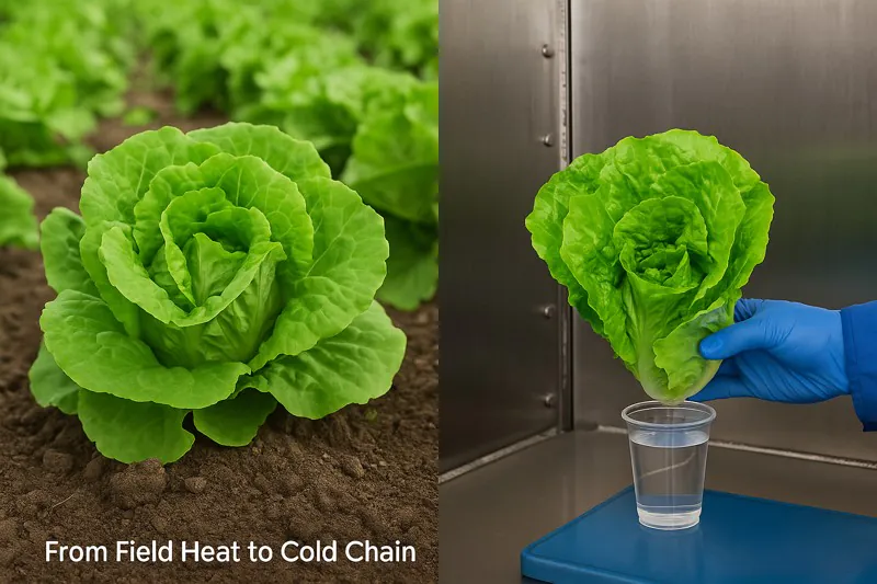 A beautiful split-screen image: on the left, a vibrant, fresh head of lettuce in a field; on the right, the same head of lettuce, now crisp and perfectly cooled, being taken out of a vacuum cooler.