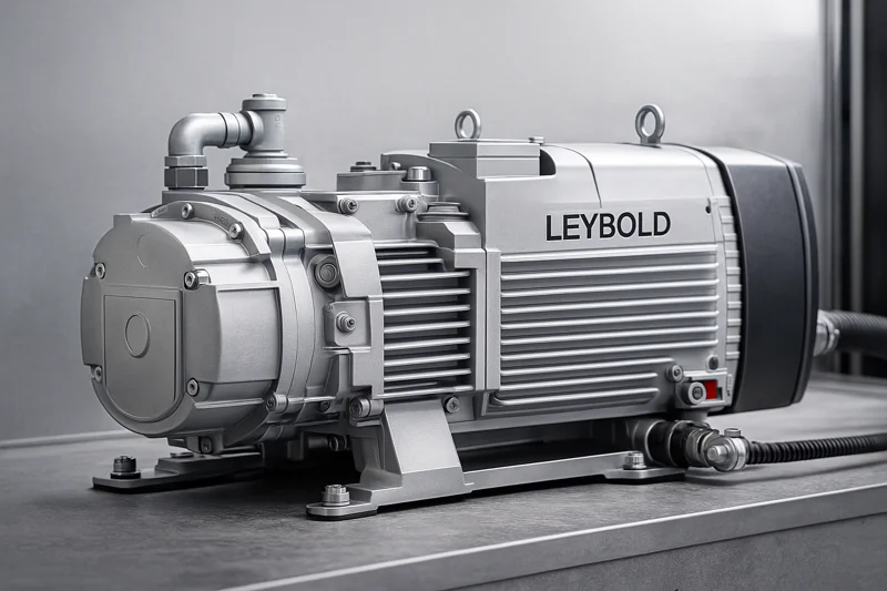 A close-up shot of a high-quality Leybold vacuum pump installed inside the machine, looking robust and industrial.