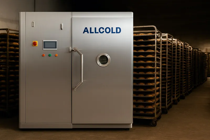 A dramatic side-by-side image showing a single, compact vacuum cooler on one side and a vast, cluttered area filled with dozens of cooling racks on the other.