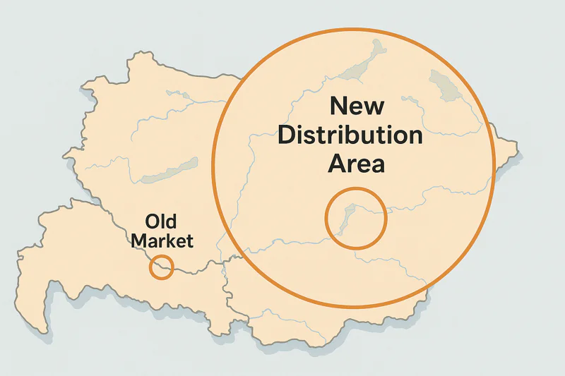 A map of a country with a small circle around a city labeled 'Old Market', then a much larger circle showing 'New Distribution Area' enabled by longer shelf life.