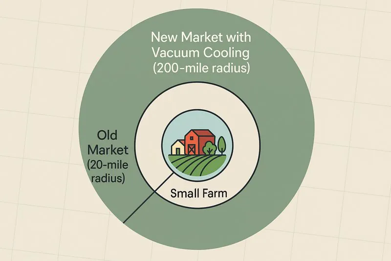A map showing a small farm at the center. A small circle around it is labeled 