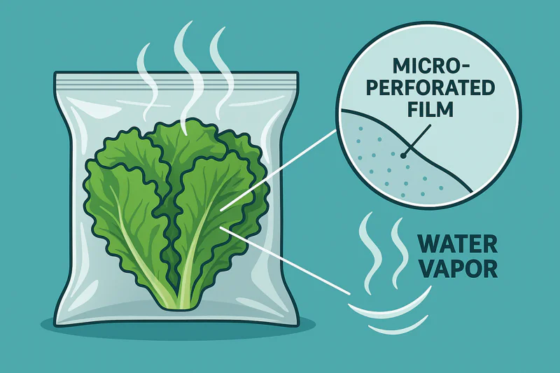 An infographic showing a magnified view of a micro-perforated bag, with water vapor escaping through the tiny holes.