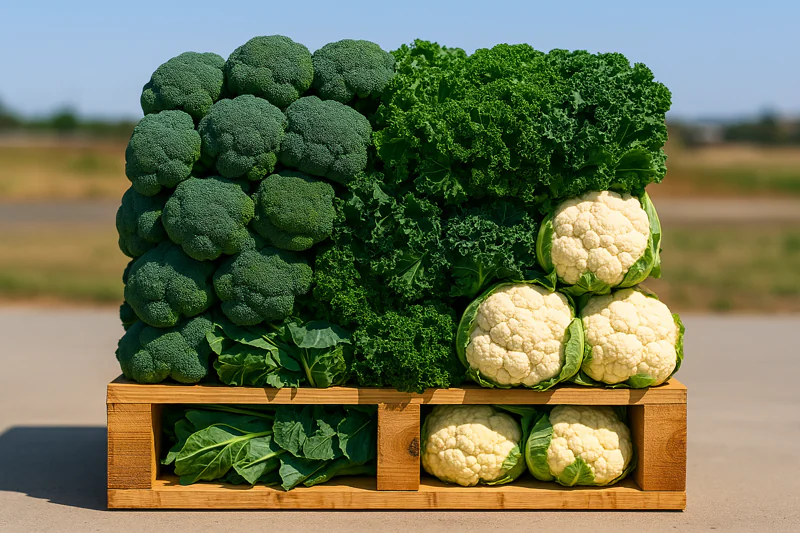 A colorful pallet of mixed seasonal vegetables, including broccoli, cauliflower, and leafy greens, ready for cooling.