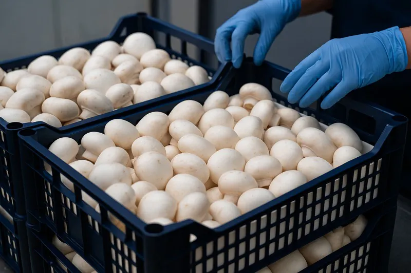 A beautiful image of delicate, white button mushrooms being carefully packed into crates, ready for vacuum cooling.