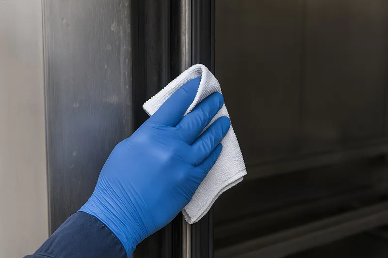 A close-up shot of an operator's gloved hand wiping a clean cloth along the black rubber door seal of a vacuum cooler.