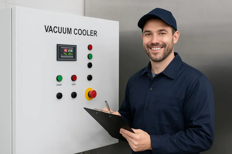 A friendly, uniformed operator holding a clipboard and smiling, standing next to a clean vacuum cooler control panel.