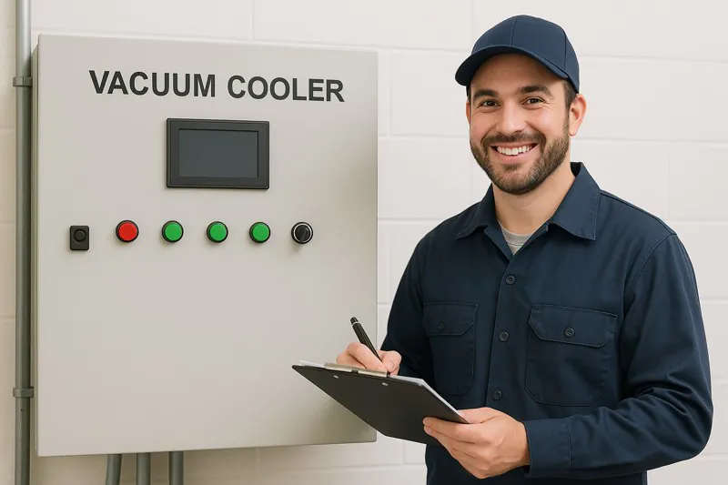 A friendly, uniformed operator holding a clipboard and smiling, standing next to a clean vacuum cooler control panel.