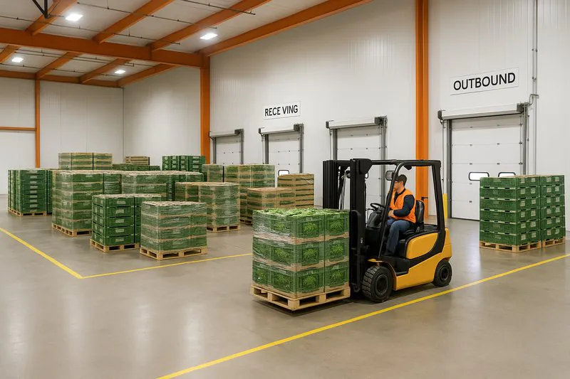 A wide shot of a clean, orderly distribution warehouse. Pallets of greens are neatly stacked. A forklift is moving a pallet smoothly from receiving to an outbound lane.