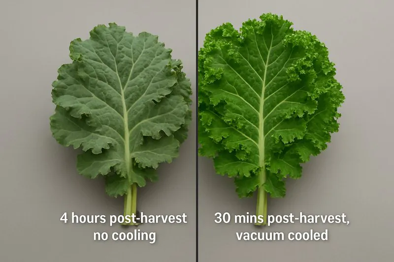 A split-screen close-up. On the left, a slightly limp, dull-looking head of organic kale labeled 