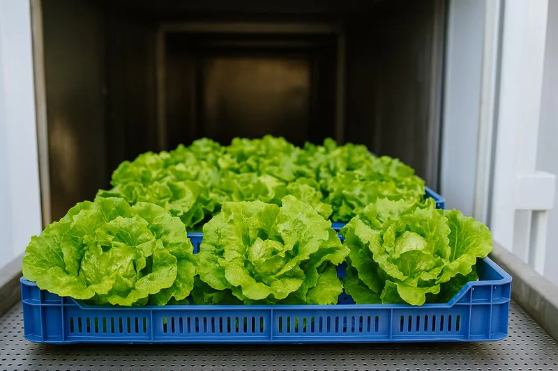 A beautiful shot of vibrant, dew-kissed organic lettuce being loaded into a clean, modern vacuum cooler.