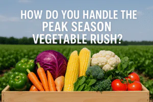 Freshly harvested vegetables stacked on pallets during peak season, ready to enter an Allcold vacuum cooler for rapid field heat removal.
