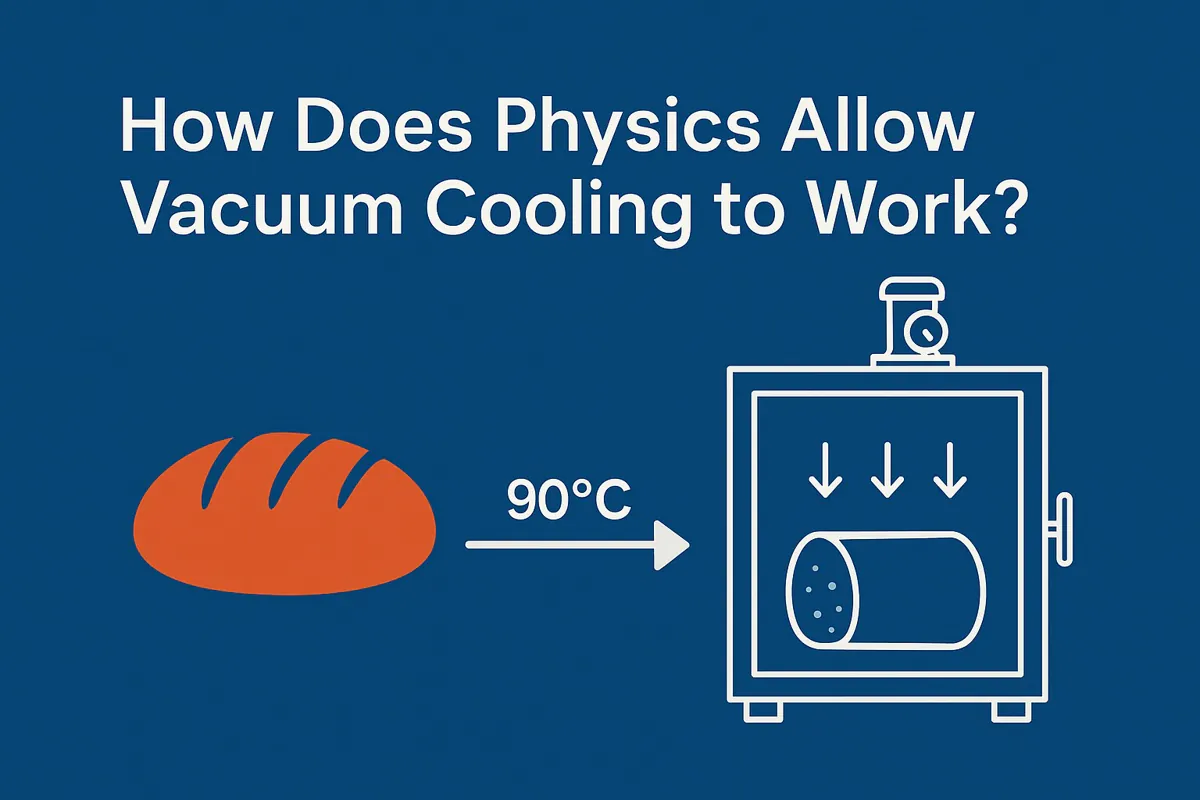 How vacuum cooling works diagram showing low-pressure chamber, bread cooling process, and physical principle of boiling point reduction