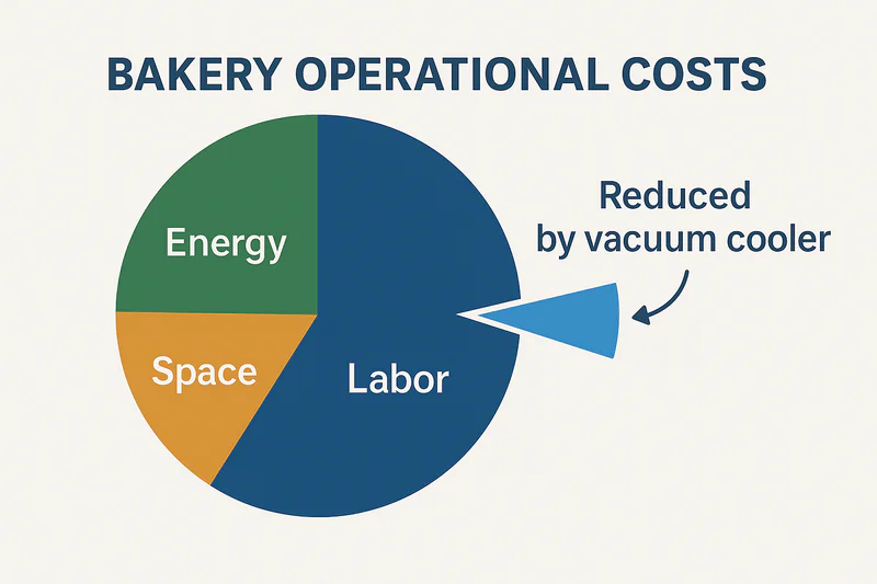 A simple pie chart showing 'Bakery Operational Costs', with slices for 'Labor', 'Energy', and 'Space' all being visibly reduced by a vacuum cooler.