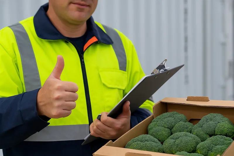A close-up shot of a port inspector in a high-vis jacket, holding a clipboard and giving a 